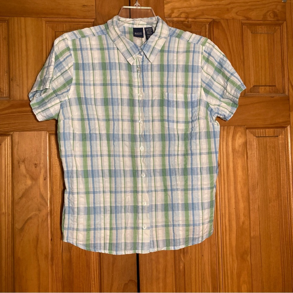 NWOT Basic Editions Vintage 90s Top Short Sleeve Blouse Plaid Blue Green Size XL